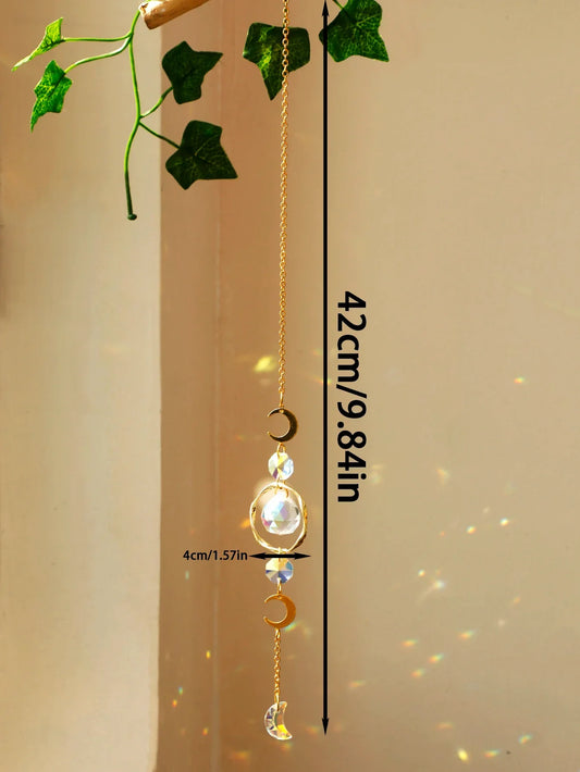 Boho Crystal Sun Catcher – Handmade Hanging Ornament with Gold Chain for Window, Wall, or Garden Decor
